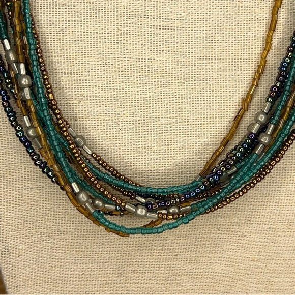 BEADED LAYERED NECKLACE GREEN EARTH TONES SILVER BROWN - Picture 3 of 7